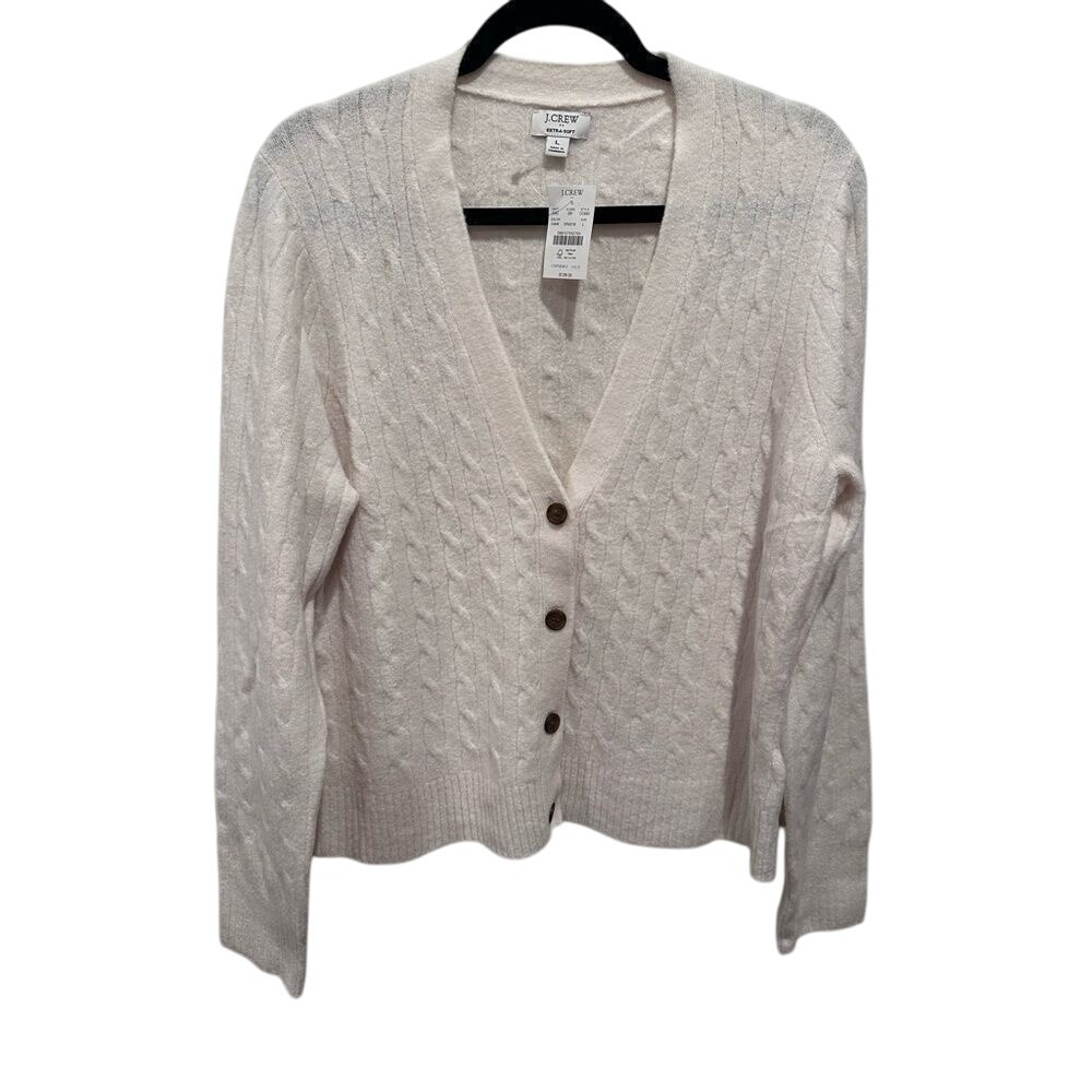J.Crew Extra-Soft Cable Knit Cardigan Sweater Ivory‎ CC692 Women Large NEW